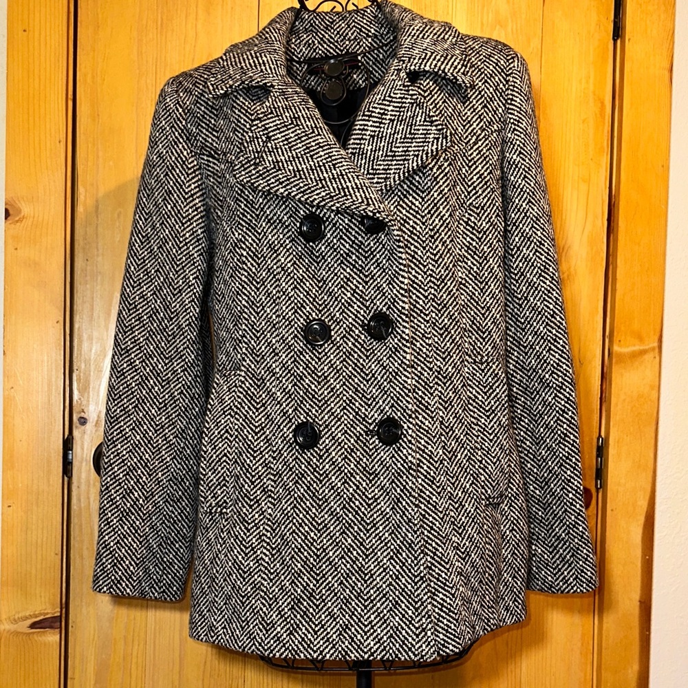 Jason Kole Black and White Herringbone Wool Blend Coat